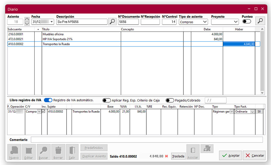 Ventana Diario en ClassicConta 7.